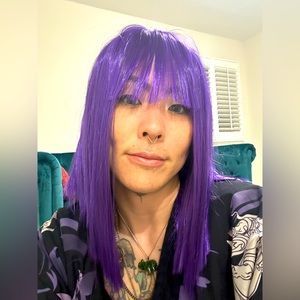 Royal Purple realistic scalp bangs hair Bob wig Halloween costume cosplay anime